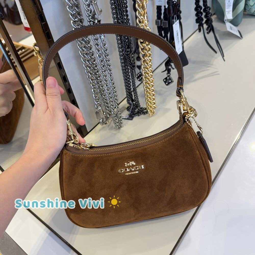 NWT Coach Teri Mini Crossbody Bag CFF98 Gold/Warm Brown Suede and smooth leather